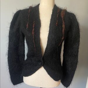 Vintage Mohair Cardigan | Black Fuzzy Knit | Artisan Fiber Detail - S/M